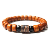 Tibetan Bone Beads Om Mani Padme Hum Bracelet – wood beads with copper mantra focal on white, Buddhist prayer bracelet
