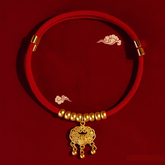 CNY Red Rope Pet Collar – Red braided collar with gold longevity lock pendant and three small bells, red backdrop