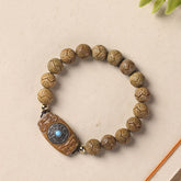 Green Sandalwood & Ebony Soothing Bracelet – carved lotus wood beads with turquoise center barrel charm, wooden healing br...