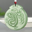 Chinese Zodiac Dragon Jade Necklace - celadon green jade dragon pendant with red bead and cloud bail, prosperity