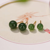 925 Silver Cyan Jade Healing Stud Earrings – forest green and apple green jade bead duo on porcelain with floral art, minimalist stud design
