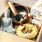 Tibetan Singing Bowl Gift Bundle – Complete set in kraft box with shredded paper, meditation gift set