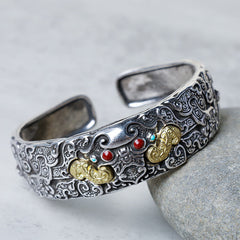 PiXiu Engraved Blessing Bracelet Bangle – side view ornate silver bangle with gold inlays on stone, vintage cuff