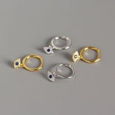 Sterling Silver Evil Eye Huggie Earrings with Blue Stone and Pavé Crystals, Evil Eye Jewelry