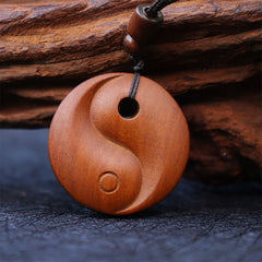 Lightning Struck Jujube Wood Yin Yang Luck Protection Necklace Pendant - Wood yin-yang relief on braided cord, spiritual jewe