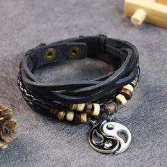 Copper Yin Yang Balance Bracelet - Multi-layer black leather with silver yin-yang charm, beaded men bracelet