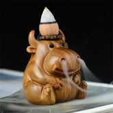 Green Sandalwood Calf Backflow Incense Burner – Smoke streams from nostrils of carved wooden calf