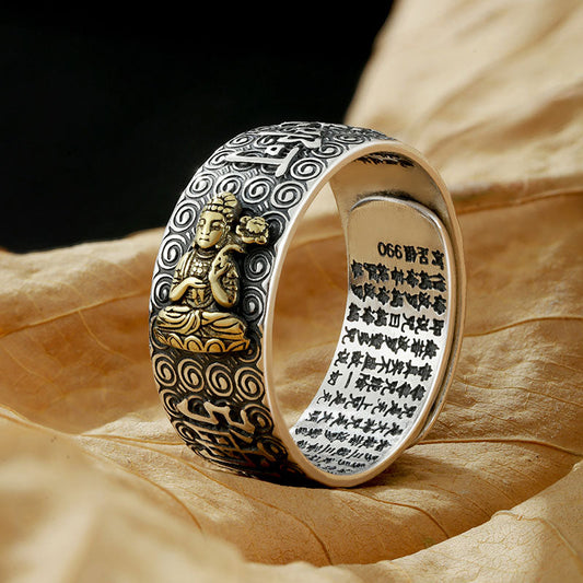 Natal Buddha Ring - Gold Buddha on oxidized silver band on dried leaves, Spiritual