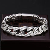 Om Mani Padme Hum Bracelet – Engraved mantra links on dark wooden stand, engraved bracelet