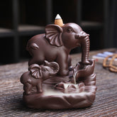 Elephant Purple Clay Incense Burner – Mother and baby elephant with smoke waterfall from trunk, backflow incense