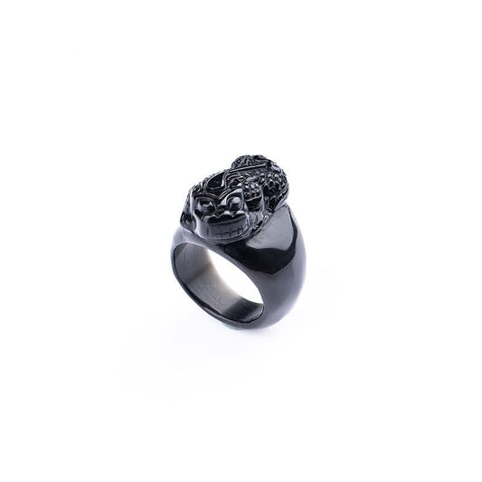 FengShui PiXiu Strength Ring – Black obsidian carved pixiu guardian ring on white, feng shui jewelry