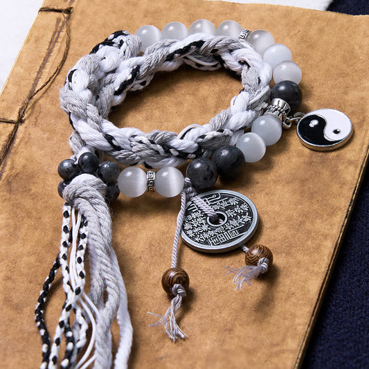 Mountain Ghost Yin Yang Bracelet - braided cord with yin-yang charm and obsidian beads, yin yang bracelet