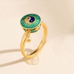 Yin Yang Copper Rotatable Ring - gold ring with turquoise enamel yin-yang bagua spinner, fortune ring
