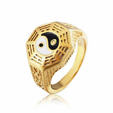 Yin Yang Copper Luck Ring - Gold tone ring with yin-yang and bagua trigrams on white, men's spiritual ring