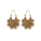 Tibetan Copper Lotus Engraving Drop Earrings – Pair of antique copper mandala flower dangle earrings with intricate openwork cut-out design and shepherd's hook ear wires