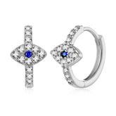 Evil Eye Stud Earrings – Silver huggie hoops with blue sapphire center, pave CZ crystals