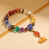 Tibetan Liuli Wrist Mala – Rainbow glass beads with red Om Mani Padme Hum charm, multicolor prayer bracelet