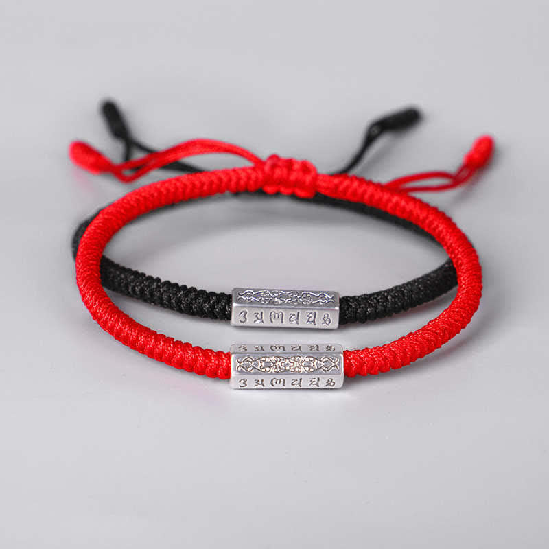 Red String Om Mani Padme Hum Bracelet - Red and black cord pair with silver beads, Tibetan bracelet