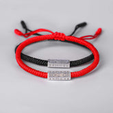Red String Om Mani Padme Hum Bracelet - Red and black cord pair with silver beads, Tibetan bracelet