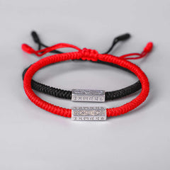 Red String Om Mani Padme Hum Bracelet - Red and black cord pair with silver beads, Tibetan bracelet
