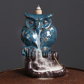 Owl Ceramic Backflow Incense Burner - turquoise owl with waterfall smoke, calming