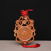 Peach Wood Bagua Map - Front view with red tassel, carved wood feng shui decor