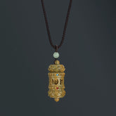 Om Mani Padme Hum Necklace – Wooden prayer wheel pendant with lotus carvings, turquoise and coral inlays, prayer beads