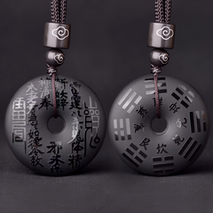 Natural Black Obsidian Double-Sided Carved Talisman Coin Peace Buckle Bagua Pendant Necklace Feng Shui