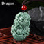 Jade Zodiac Prosperity Necklace – Labeled dragon carving on wooden lattice, black backdrop, powerful