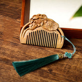 Green Sandalwood Lotus Leaf Engraved Soothing Comb – Green Sandalwood Comb(Random Tassel Color), image 1