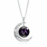 Zodiac Moon Protection Copper Necklace - Silver crescent moon pendant with Gemini constellation cabochon in purple on starry black background with rope chain