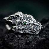 Pure Tin Dragon Head Necklace - Dragon head with green gemstone eye on lava rock, mystical luck pendant