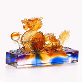 Multicolored Dragon Liuli Crystal – amber dragon on blue-purple base holding pearl, protection