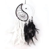 Yin Yang Dream Catcher with Feathers – Black and white dreamcatcher hanging on tree branch, boho decor