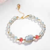 Moonstone PiXiu Bracelet – Labradorite moonstone beads with strawberry quartz and gold chain, love jewelry