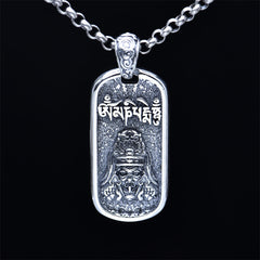 Sterling Silver Zakiram Goddess of Wealth Mantra Pendant – front on black background with chain, bold design