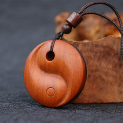 Lightning Struck Jujube Wood Yin Yang Luck Protection Necklace Pendant - Hand-carved wood yin-yang with beads, zen necklace
