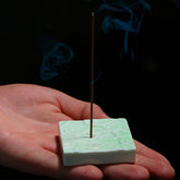 Mini Auspicious Clouds Ceramic Incense Burner – celadon green square holder with Chinese cloud pattern and burning stick, ceramic incense burner