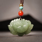 Hetian Cyan Jade Lotus Necklace – carved celadon lotus with turquoise and carnelian beads, spiritual healing