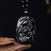 Black Obsidian Koi Fish Lotus Beaded Necklace – full front view on white background, obsidian healing jewelry