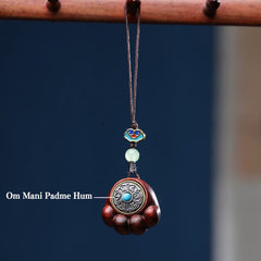 Sandalwood Om Mani Padme Hum Lucky Cat Paw Phone Charm - Lotus base with turquoise center, mantra pendant