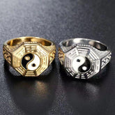 Yin Yang Copper Luck Ring - Gold and silver ring pair with yin-yang bagua design, men's balance ring