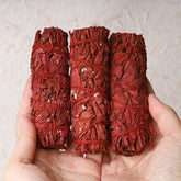 Dragon's Blood sage smudge – three crimson bundles held in cupped hands, cleansing