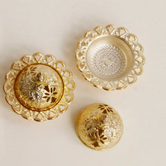 Tibetan Gold Mini Meditation Incense Burner – Gold burner disassembled showing lid, base and assembled state, elephant motifs