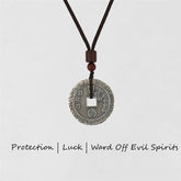 Bagua Yin Yang Obsidian Necklace - silver coin pendant with yin-yang on black cord, wooden beads
