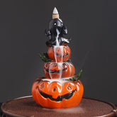 Halloween pumpkin ghost backflow incense burner, three stacked jack-o-lanterns with cascading white smoke, ghost topper – backflow incense burner