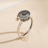Yin Yang Copper Rotatable Ring - silver spinner with yin-yang bagua engraving and dangle charm