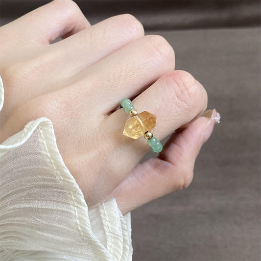 Citrine Aventurine Ring – Citrine double-point crystal with green aventurine beads worn on finger, wealth feng shui ring