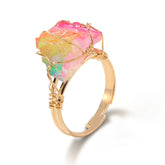 Raw Citrine Wire Ring – Rainbow aura quartz wire wrapped in gold, chunky irregular crystal ring