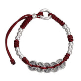 Emperor Coins Bracelet – red cord bracelet with five antique silver emperor coins and silver beads with ring clasp on white, feng shui